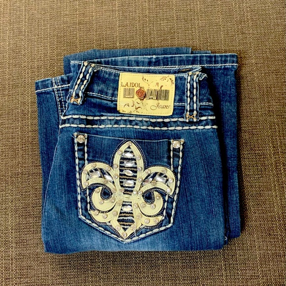 LA Idol USA Fleur de Lis Rhinestone Thick Stitch Jeans - Picture 2 of 14
